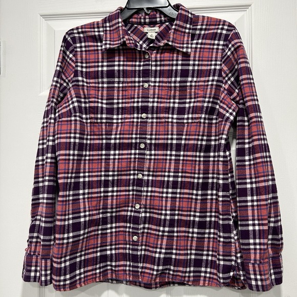L.L. Bean Tops - LL Bean Shirt Women's Size Medium Maroon Coral Plaid Button Up 100% Cotton